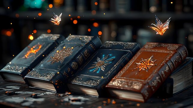 Bookshelves Brimming with Otherworldly Tomes Ancient Leather Bound Volumes Glowing Runes and Arcane Symbols Floating Magical Books