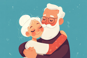 Flat cartoon style illustration: cheerful happy seniors hugging on blue background