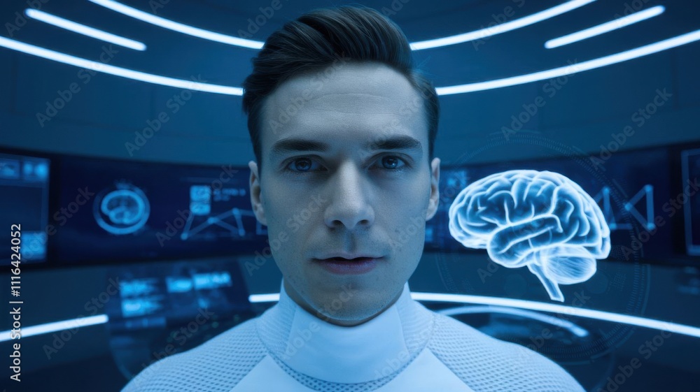 Poster a futuristic figure in a high-tech environment with a holographic brain display.