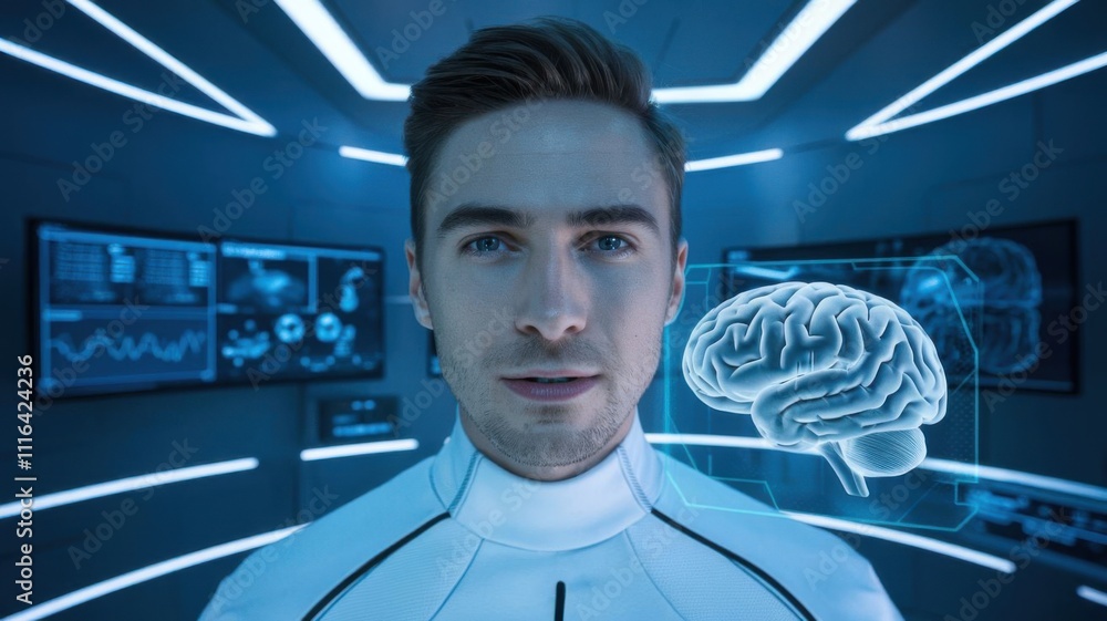 Aufkleber a futuristic scene featuring a man in a high-tech environment with a brain hologram.