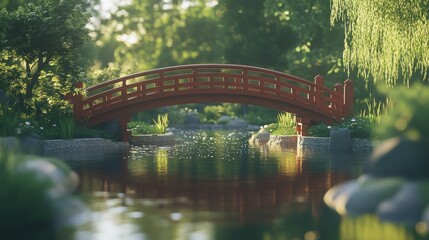 Serene red wooden arched bridge over calm stream in lush green garden.