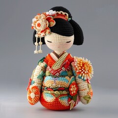 Nice cute japanese crocheted doll girl nation dress ethnic art decor toy handmade craft 
