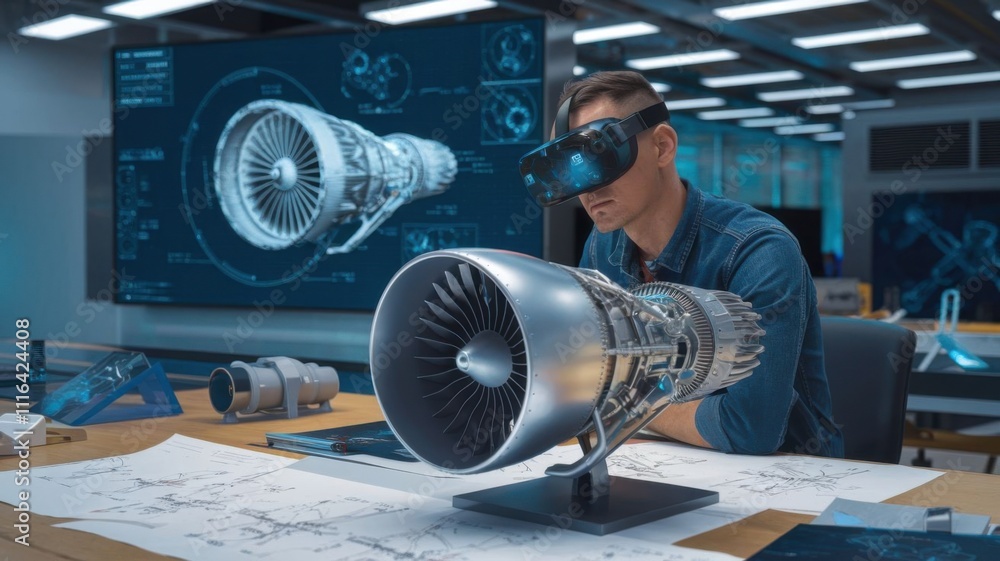 Aufkleber a person using virtual reality to study a jet engine design in a modern workspace.