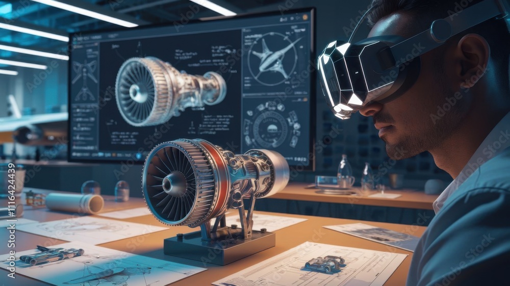 Poster a person using virtual reality to study an engine model in a tech-focused workspace.