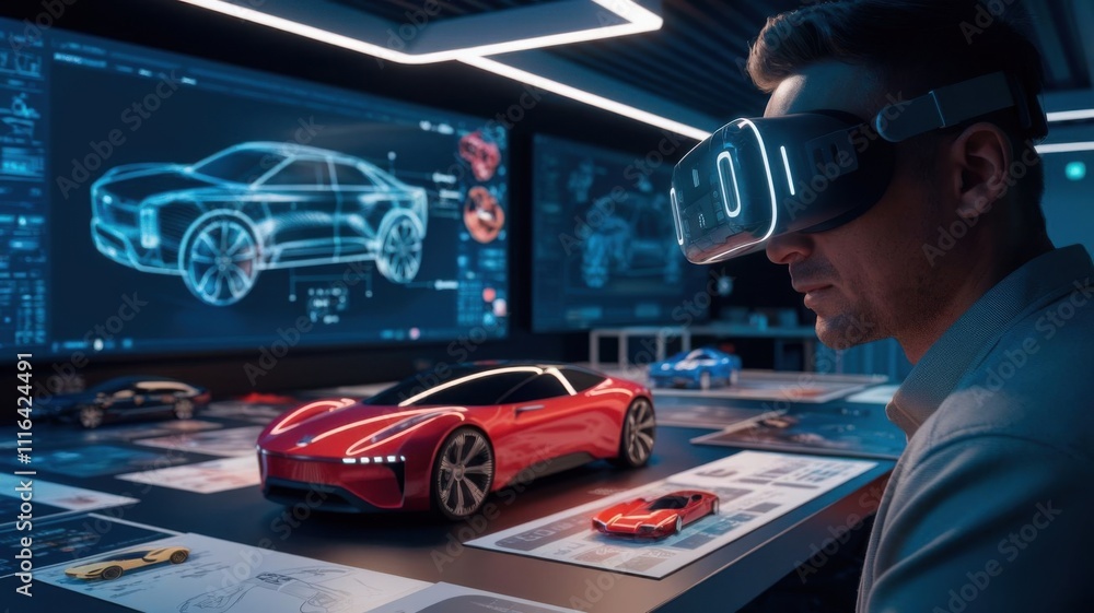 Poster a designer uses vr technology to create and visualize car models in a futuristic workspace.