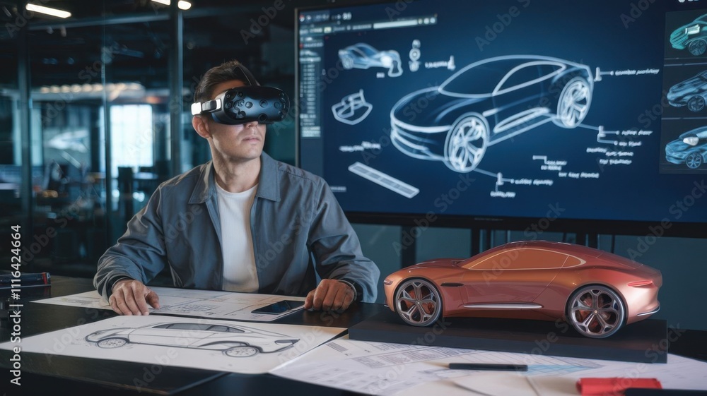 Poster a designer uses vr technology to create and visualize a car prototype.