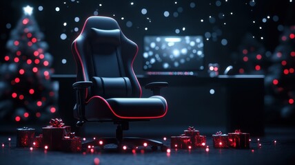 Christmas theme, A stylish gaming chair surrounded by festive decorations and gifts, set against a backdrop of Christmas trees and warm holiday lights.