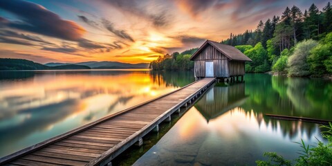 Fototapeta premium Long Exposure of a Serene Wooden Pier Leading to an Old Boathouse on Wald Planner Lake in Germany, Capturing Tranquility and Nature's Beauty