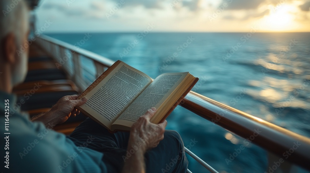 Poster a traveler enjoys a quiet moment reading a book while seated on a cruise ship's deck, surrounded by 