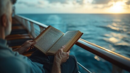 A traveler enjoys a quiet moment reading a book while seated on a cruise ship's deck, surrounded by the vast ocean at sunset, creating a peaceful atmosphere.