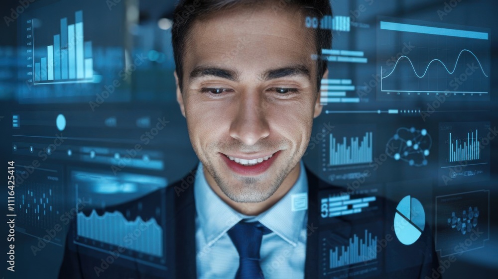 Poster a professional man analyzing digital data and graphs on a screen.