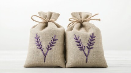 DIY gifts for friends concepts. Two decorative burlap sachets filled with lavender, tied with twine, exuding a rustic charm.