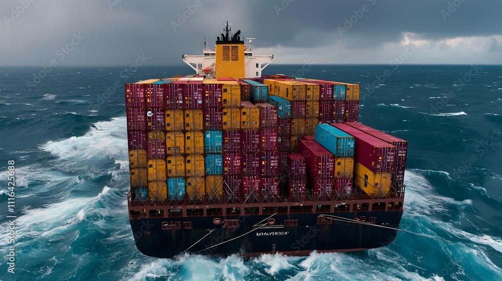 Poster a dramatic seascape painting of a massive container ship navigating through choppy moody ocean waves