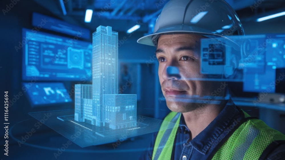 Poster a professional using augmented reality to visualize a building design in a modern workspace.