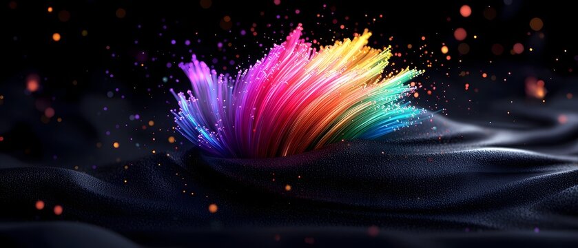 Intricate web of mesmerizing rainbow colored fiber optic cables splayed out across a jet black plane emitting a captivating ethereal glow in a sleek futuristic digital art rendering - Powered by Adobe