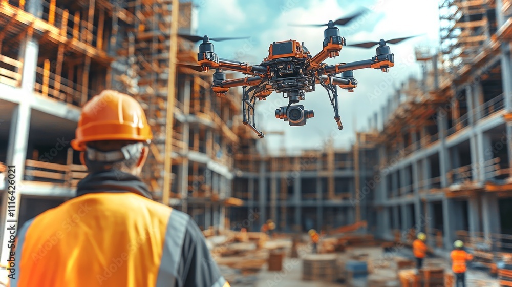 Poster construction site activity with drone monitoring progress and workers on site