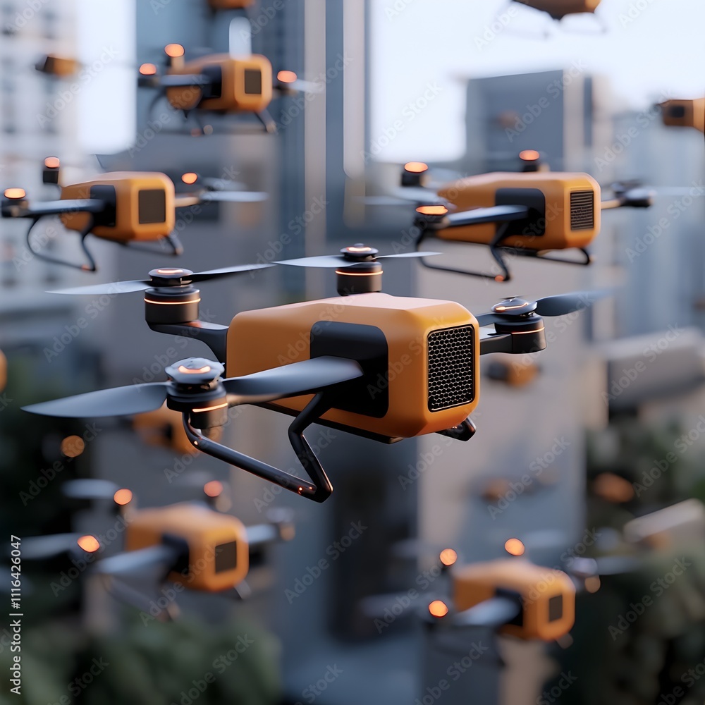 Poster a swarm of futuristic cargo drones lifting and transporting packages through the vibrant high tech a