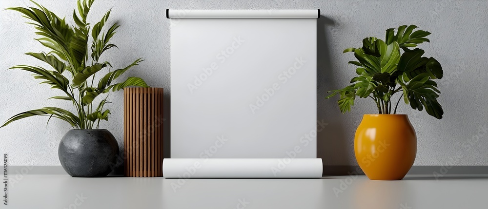Poster plain white roll up display in a minimalist studio space featuring clean lines simple geometric form