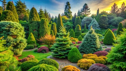 Fototapeta premium Lush Leylandii conifers create a vibrant hedge, enhancing the tranquility of a serene garden, beautifully captured in vintage-style photography for an enchanting ambiance.
