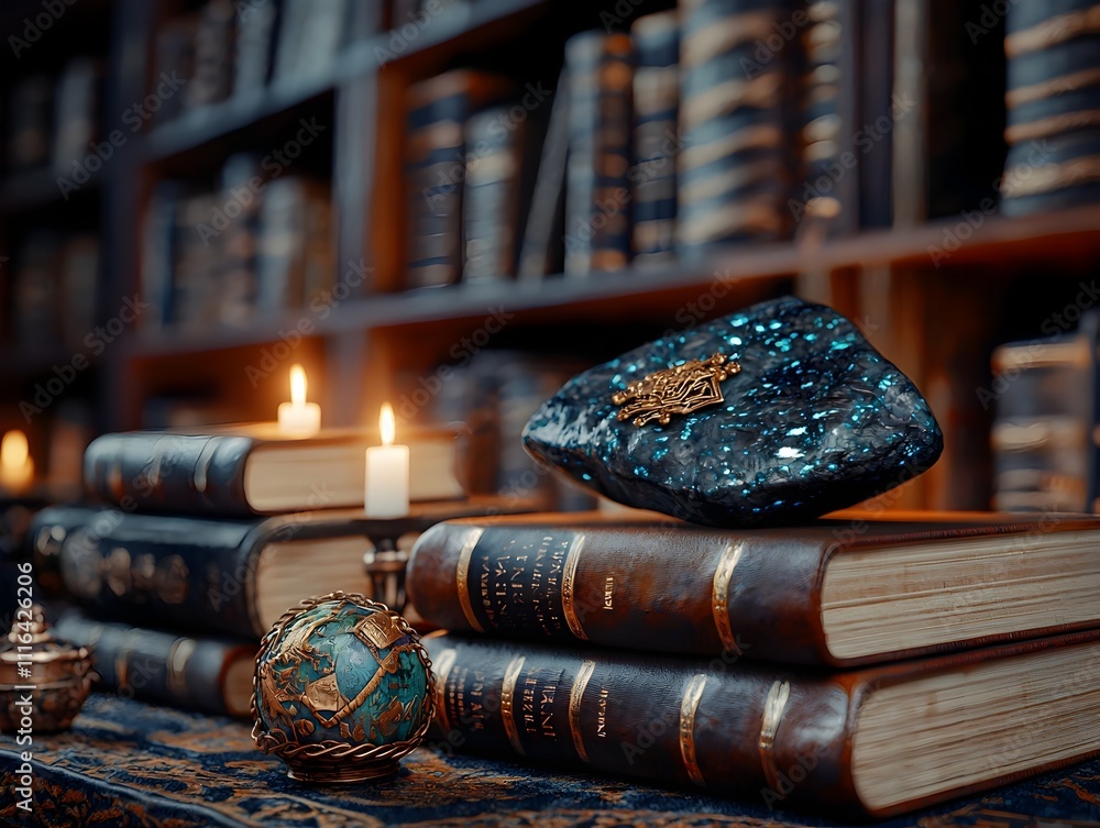 Poster wizards enchanting library towering bookcases lined with leather bound volumes illuminated by the so