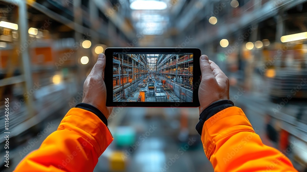 Aufkleber workers using tablet to manage construction tasks in a busy warehouse environment