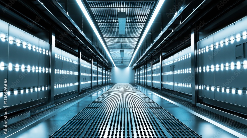 Poster futuristic data center interior with sleek metallic design and bright led lighting creating an innov