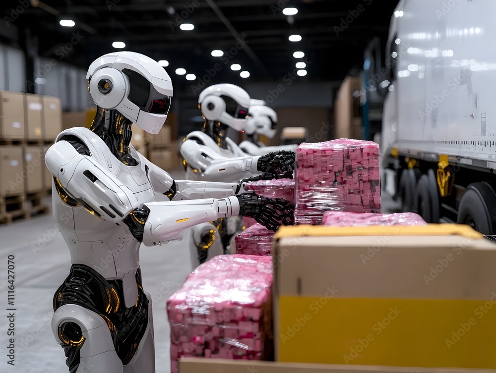 Poster a team of advanced robotic handlers precisely and efficiently loading cargo into a self driving semi