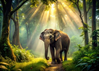 Fototapeta premium Majestic Asian elephant in a misty forest, bathed in warm golden light. Lush greenery surrounds this tranquil scene, capturing the serene essence of nature and wildlife.