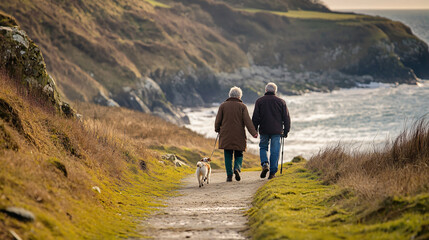 Obraz premium An elderly couple walking their small dog along a scenic coastal path.