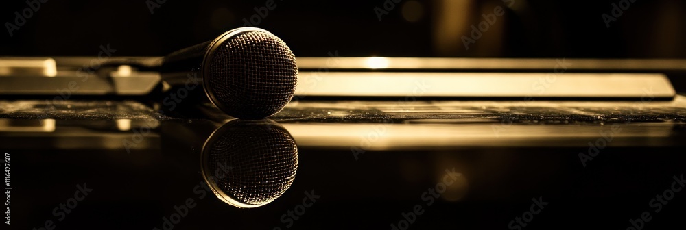 Poster a microphone resting on a reflective surface, creating a dramatic visual effect.