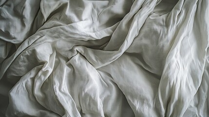 A top view of a wrinkled blanket and rumpled sheets creating patterns of folds