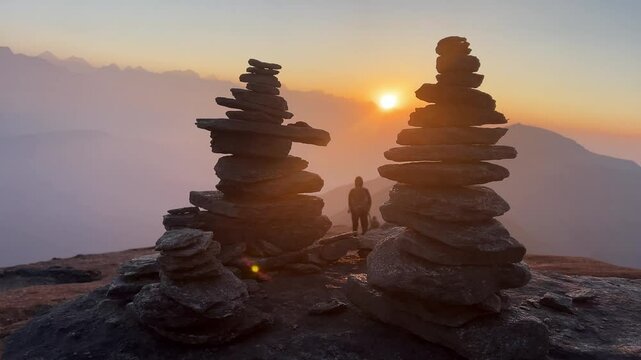 Dawn on the Himalayans range. In the foreground two meditation stacks of stone, in the background hikers and the sun that rise behind the mountains