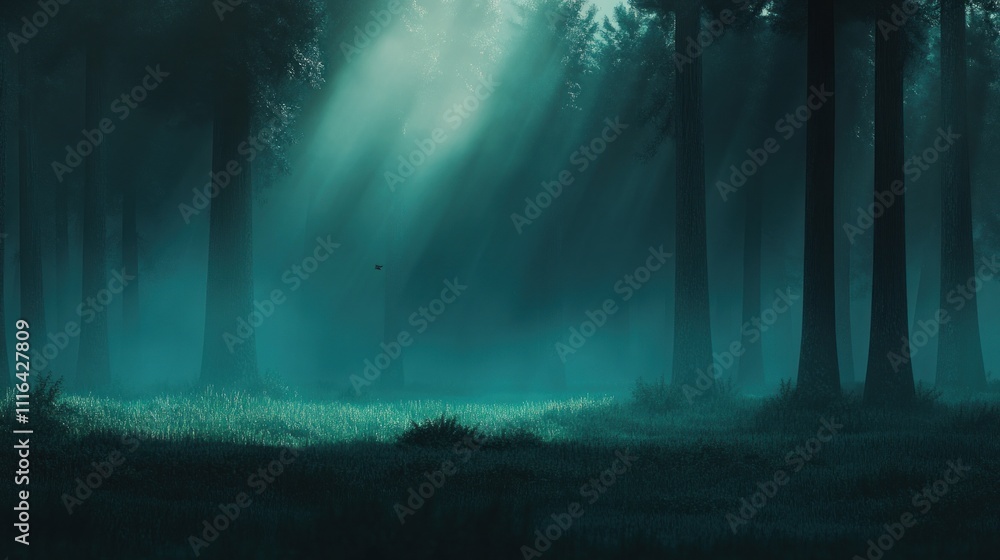 Poster A serene forest scene with ethereal light filtering through trees, creating a mystical atmosphere.