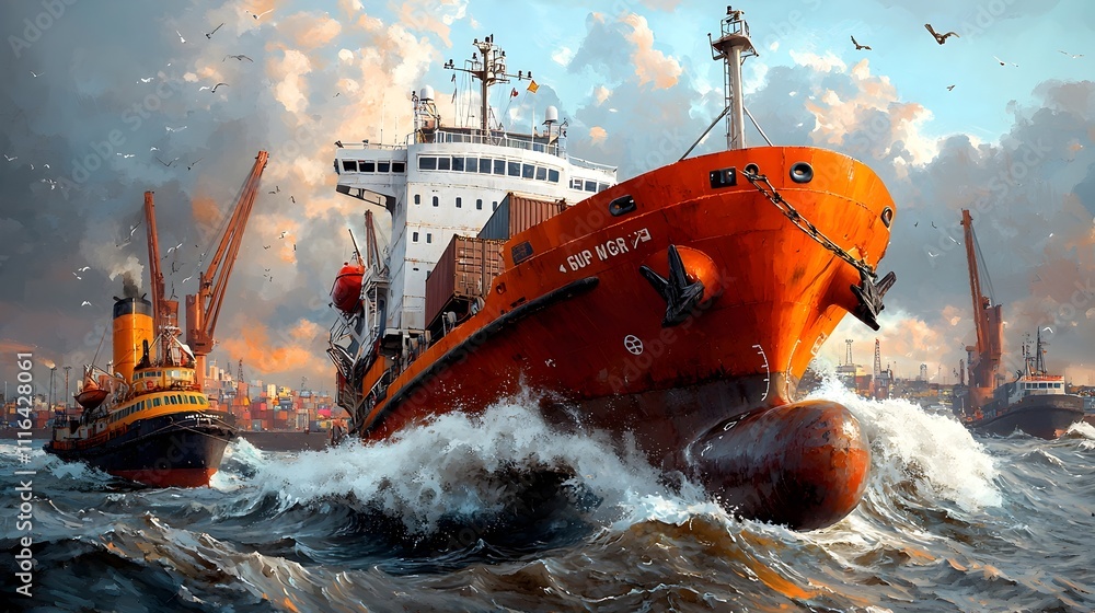 Poster cargo ships navigating through choppy seas in bustling coastal harbor with cranes and tugboats loadi