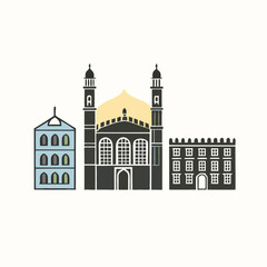 a black and white illustration of three different types of buildings