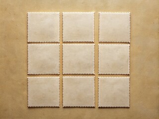 Minimalist Arrangement of Nine Blank Postage Stamps on Textured Brown Paper