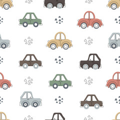 Seamless pattern for kids with cute doodle cars in pastel colors. Vector illustration © Mariana