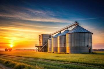 Obraz premium Minimalist grain dryer blends into rural landscapes, enhancing industrial farming with modern efficiency, sustainable storage solutions, and simple design that integrates harmoniously with nature.