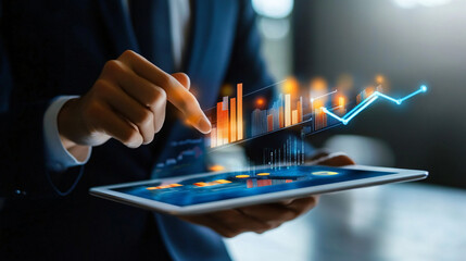 An entrepreneur pitching a new startup idea to investors, using a tablet to showcase a detailed business model and projected financial growth over the next five years, in a sleek conference room.
