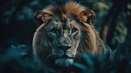 Naklejka premium Majestic Lion Portrait in Dense Forest at Twilight with Intense Gaze and Lush Surroundings