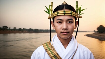 Young Assamese Ahom Warrior with Bamboo Accessories by River