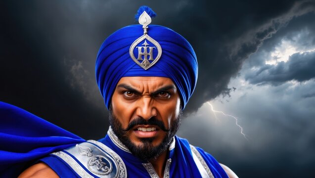 Fierce Sikh Warrior with Traditional Khalsa Attire and Strong Expression