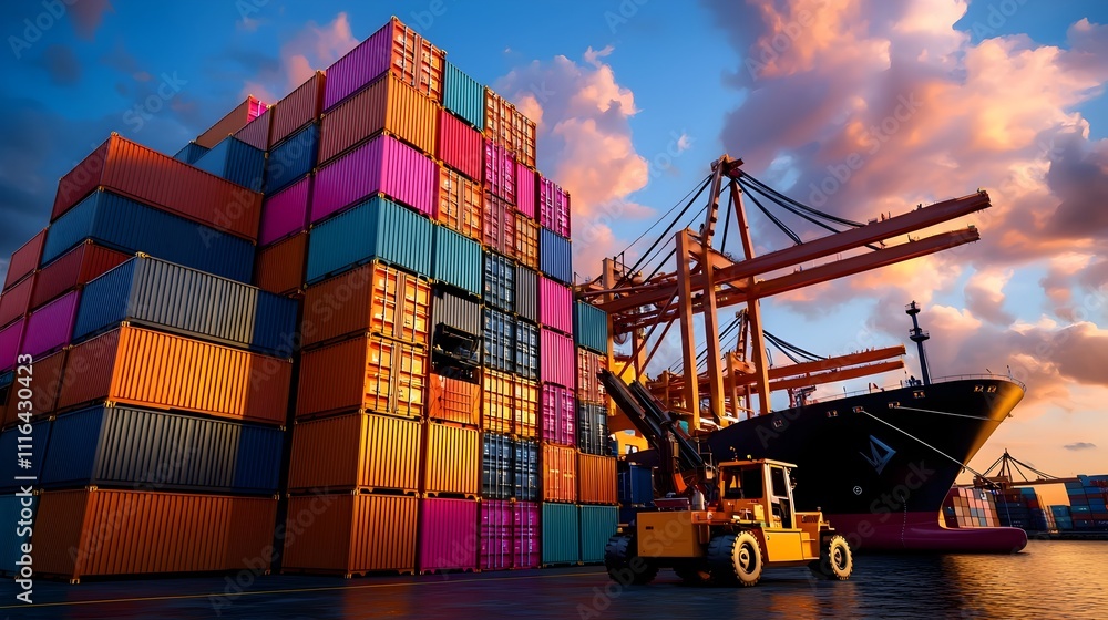 Poster bustling seaport scene with towering stacks of large shipping containers loading cranes forklifts an