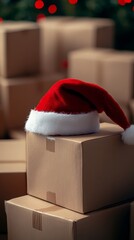 Santa Hat on Christmas Package with Festive Bokeh Lights in Warehouse