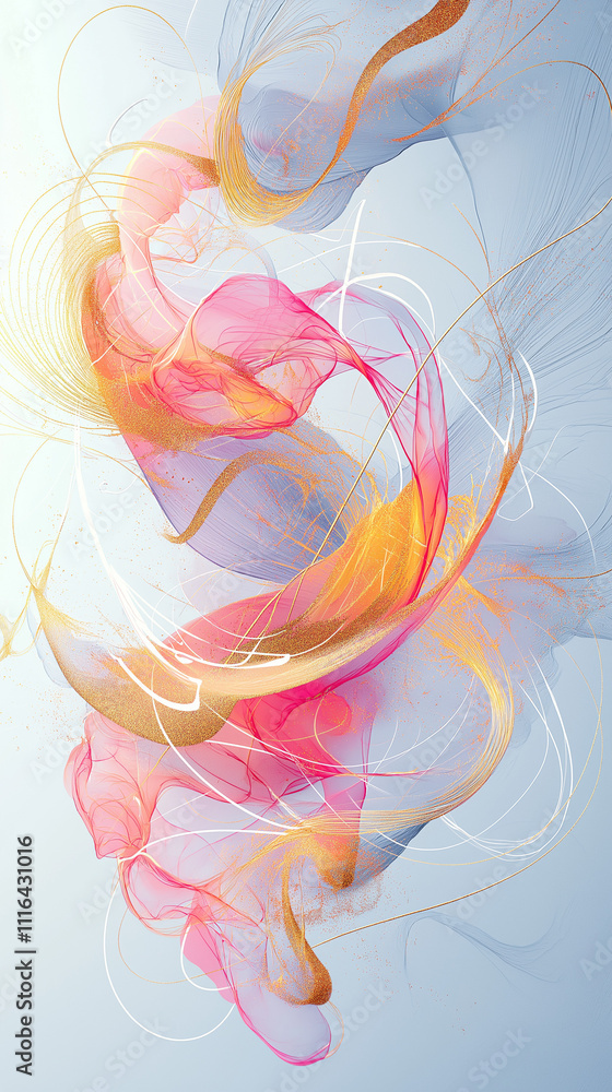 Poster a soft flowing abstract of pink and gold lines and shapes on white background.