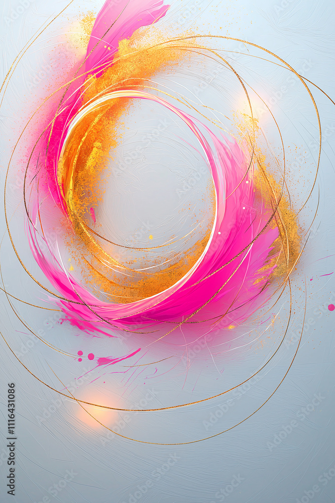 Poster a soft flowing abstract of pink and gold lines and shapes on white background.