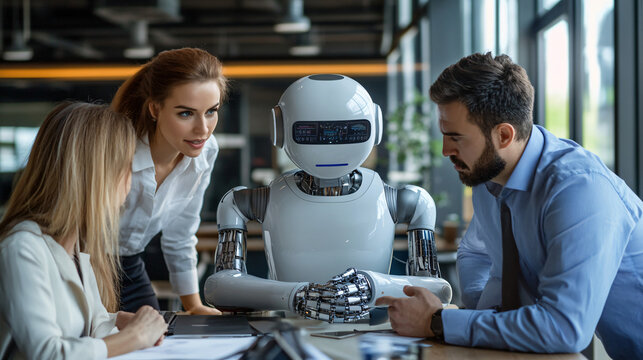 An executive team discussing the implementation of an artificial intelligence system to automate customer service and improve client satisfaction through chatbots and machine learning.