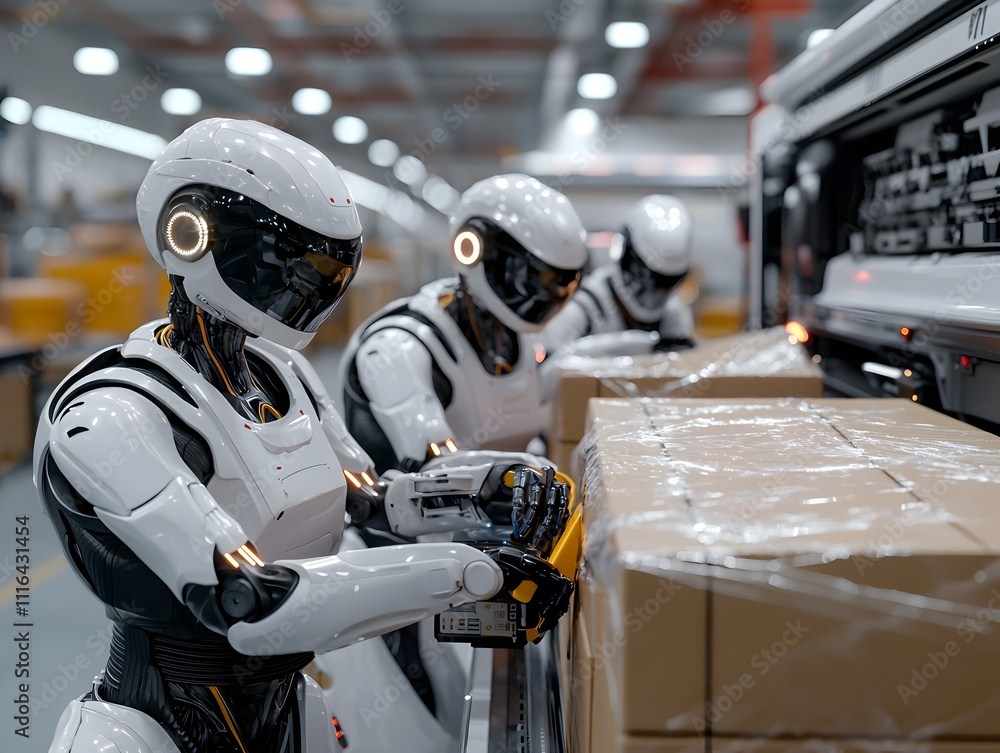 Poster a team of robotic handlers precisely and efficiently loading cargo into a self driving semi truck sh