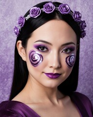 Naklejka premium Mystical Japanese Valentine with Purple Roses and Artistic Makeup