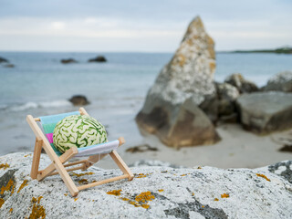 A brain is on a sun lounger bed in a calm nature environment. Relaxation of mind concept with help...
